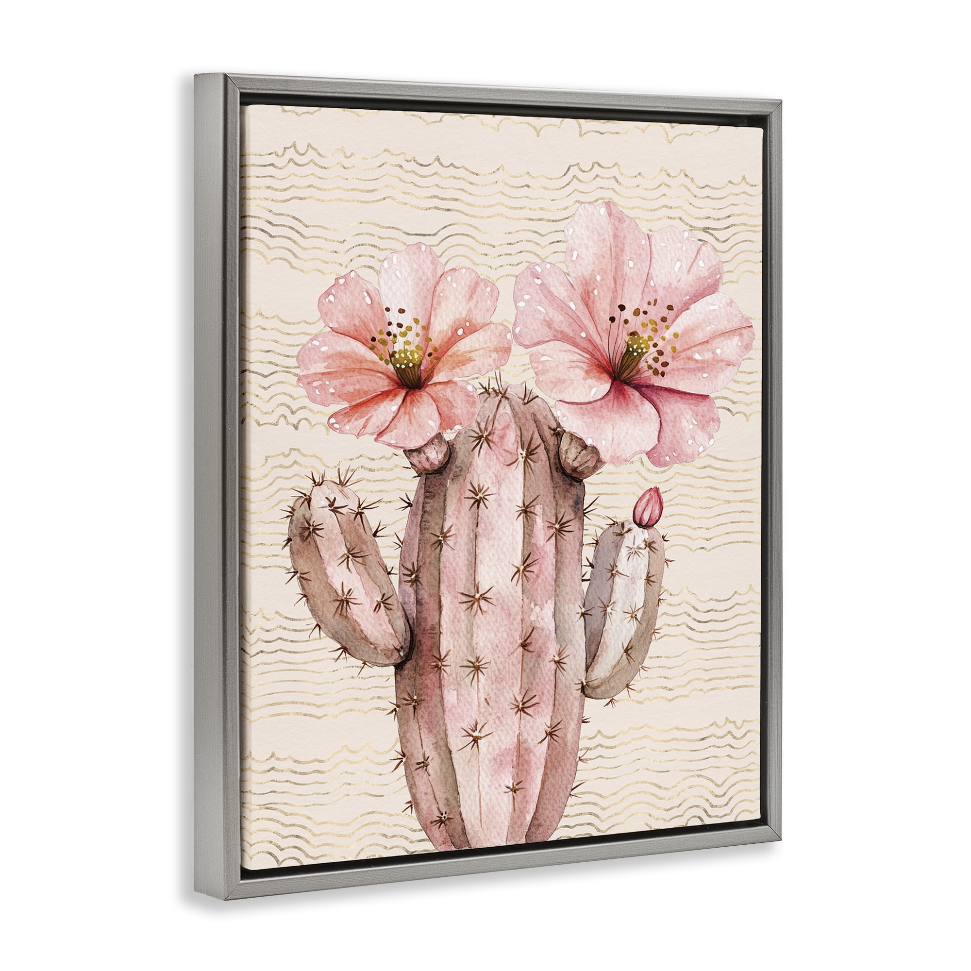 Stupell Industries Pastel Cactus with Blooms Plants & Flowers Painting Gray Floater Framed Canvas Art Print Wall Art, 17 x 21