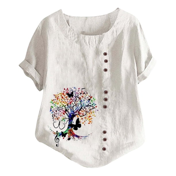 Gibobby Blusa Casual de Mujer Nueva camiseta algodón informal con estampado Retro literario y artístico elegante para mujer(Blanco,G)