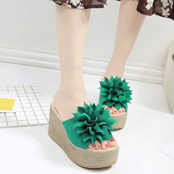 AXXD Green Sandals for Women Summer Matsu Heel Thick Sole Slope Heel Shoes Breathable Slip-on Beach Sandals