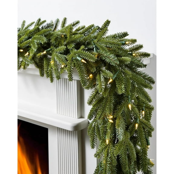 10 ft Pre-lit Fraser Fir Christmas Garland LED Clear Lights 12 Inch Wide Artificial Greenery Holiday Decoration Mantel Decor Festive Xmas Indoor Outdoor