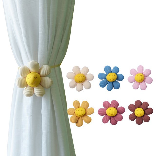 Neinkie 2Pcs Curtain Tieback Cute Cartoon Elastic Fluffy Multipurpose Reusable Decorative Soft Fabric Flower Curtain Rope Holdback Plush Toy Home Accessories