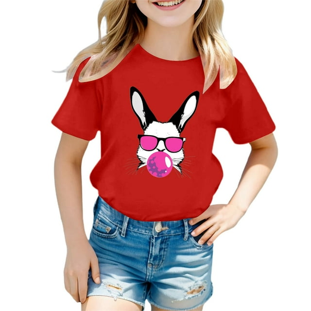 FhsagQ le 7 Juillet T-Shirt Décontracté à Manches Courtes à Col Rond avec Imprimé de Pâques Mignon pour Fille Haut T-Shirt Petite Fille le 7 Juillet T-Shirts Printemps Printemps T-Shirts Fillette 18-24 Mois Pâques Rouge 4-5 Ans