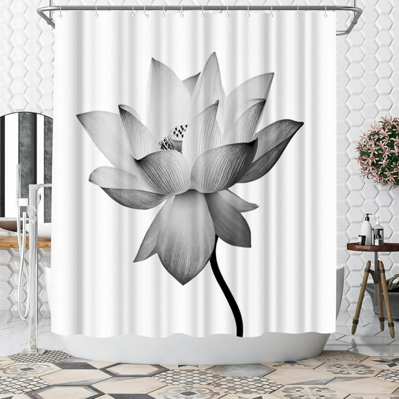 Black and White Shower Curtain Lotus Flower Shower Curtain Polyester Fabric Bathroom Decoration Waterproof With Hook 72"W x 84"L (Pack of 1)