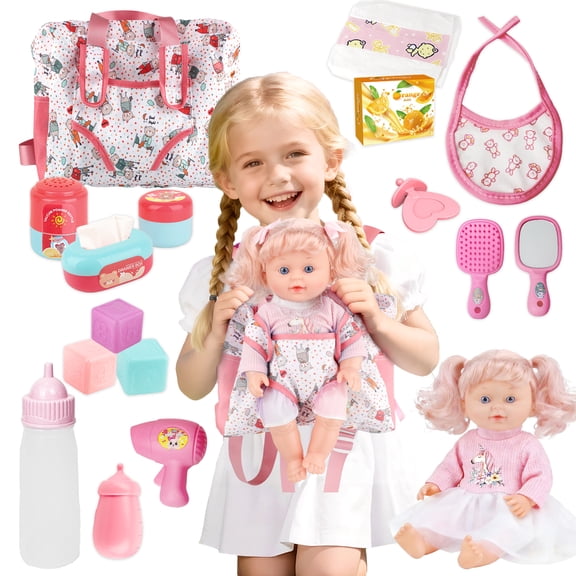 LINXUXIE Baby Care Doll Toys Set, 18PCS Doll Playset with 12" Baby Doll, Hair Salon Pretend Play Toys and Backpack, Xmas Gifts for Age 3 4 5 6  Years Old Girls Kids