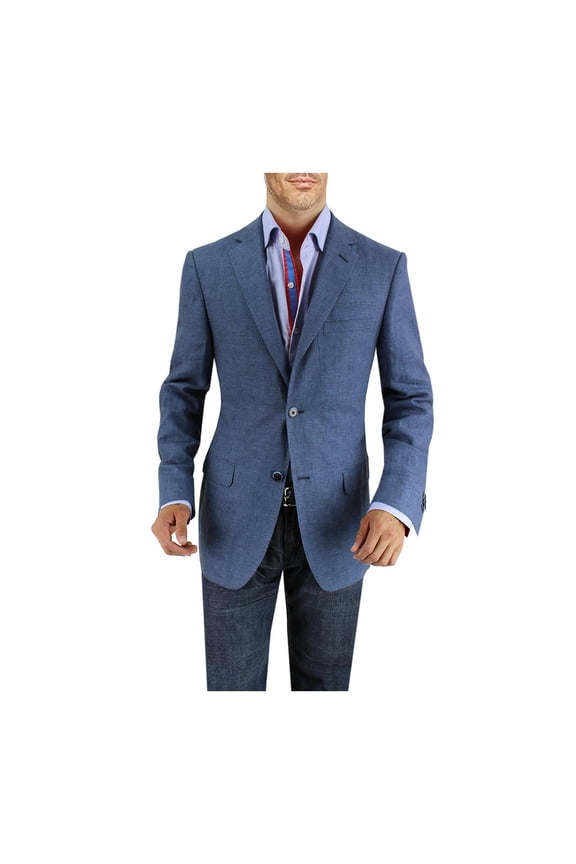 DTI BB Signature Men's Two Button Linen Blazer Modern Fit Jacket Blue Check