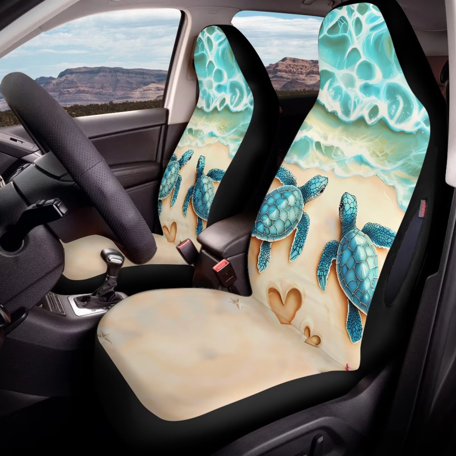 Binienty Beach Sea Turtle Car Seat Covers Front Seats Airbag Compatible Waterproof Auto Seat Protectors Universal Non-Slip Vehicle Seat Covers for SUV Truck Van Sedan