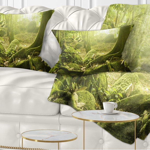Designart Green Forest with Sun - Landscape Photography Throw Pillow - 12x20