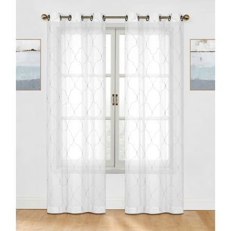 Contemporary Window Curtains - 2 Pack: Regal Home Collections Contemporary Trellis Embroidered Sheer Voile Grommet Curtain Panels - White