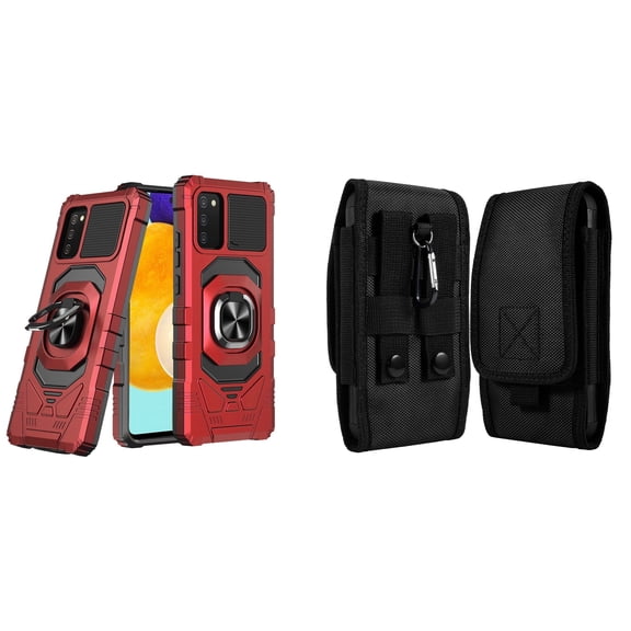 Case with Belt Holster Bundle for Samsung Galaxy A03s: Heavy Duty Series Protection Cover (Red) and Vertical Rugged Nylon Phone Pouch