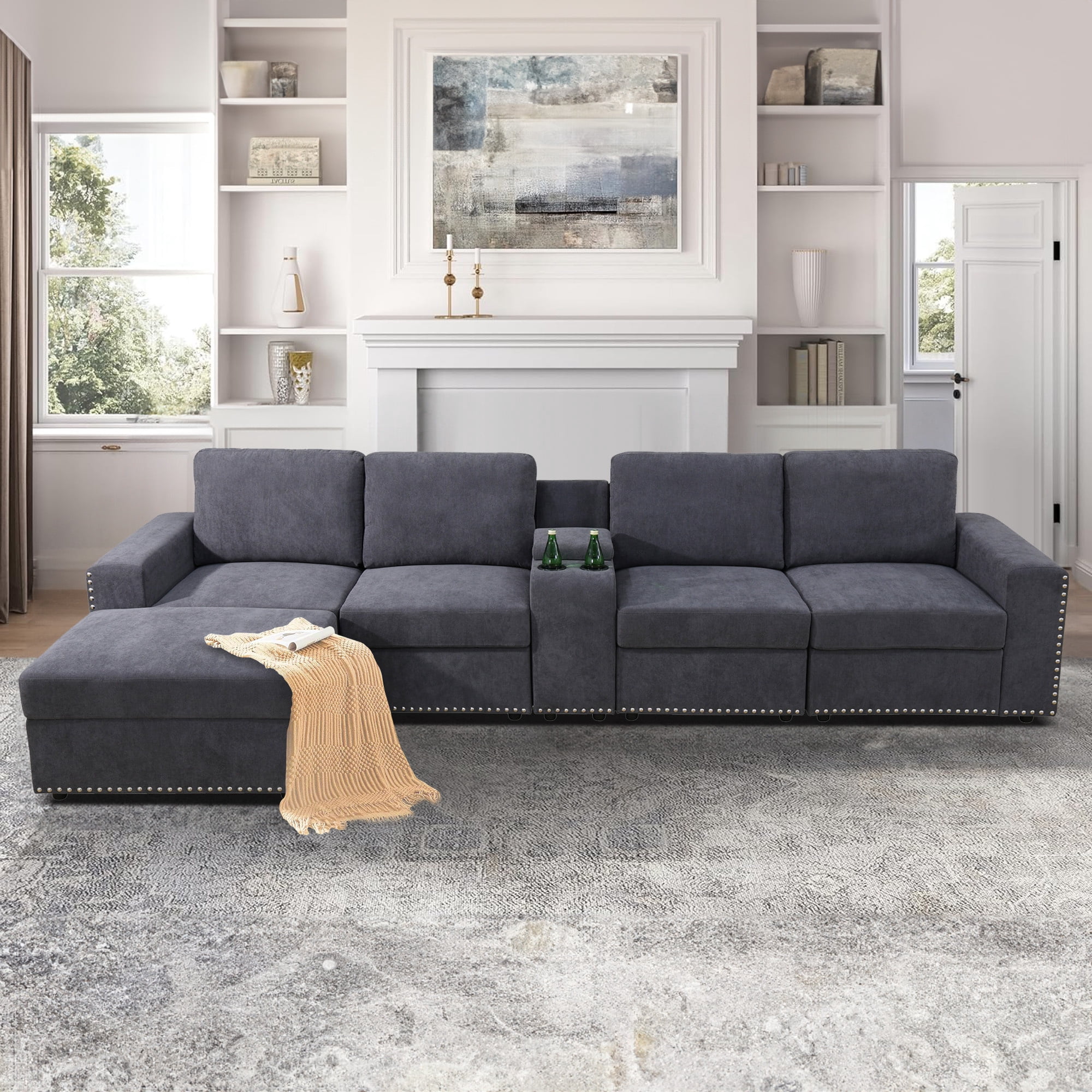 Aukfa 130" Oversized Sectional Sofa w/ Cupholder & Console 4 Seat Couch with Ottoman for Living Room, Gray