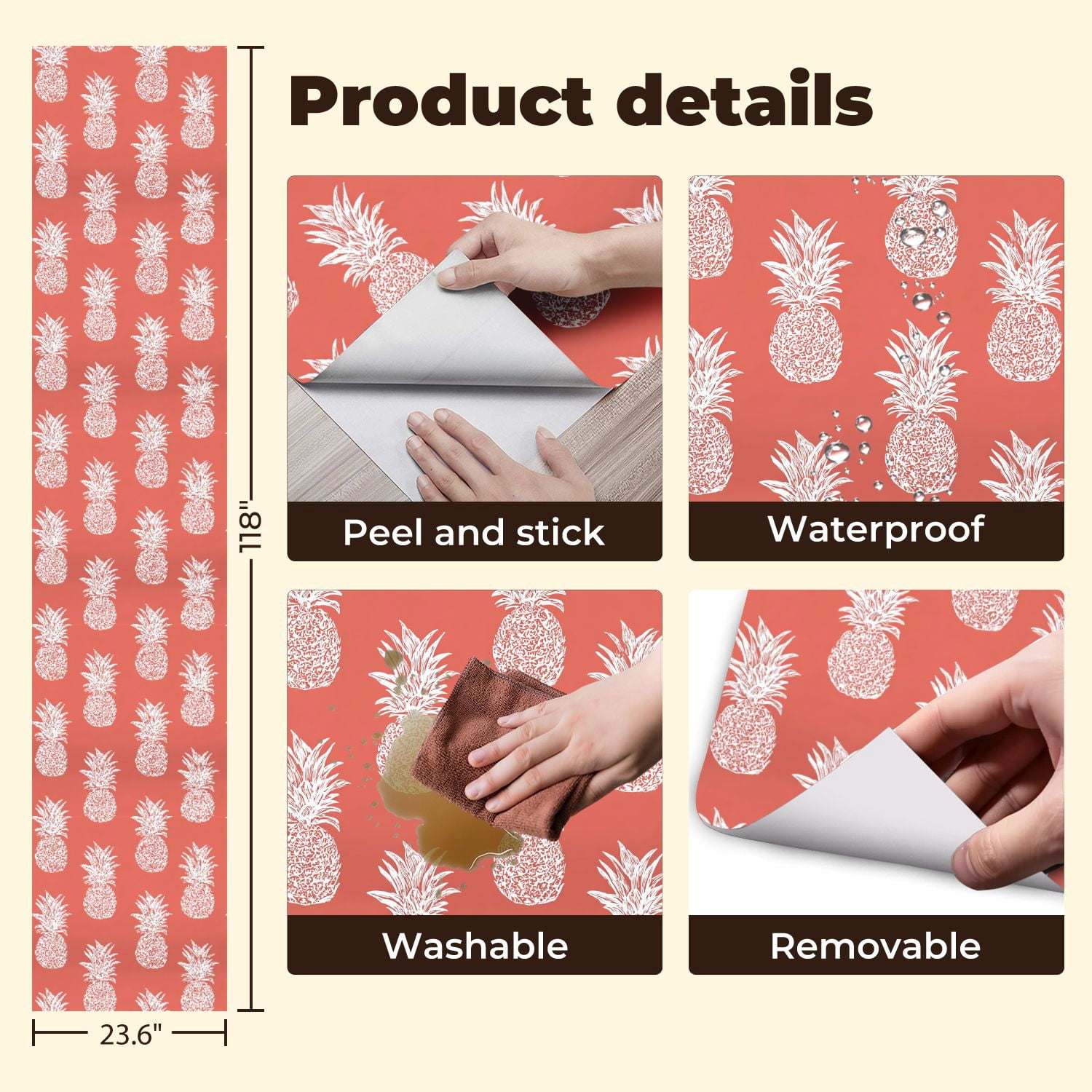 Peel and Stick Wallpaper Tropical Pineapple Coral Hand Drawn Style Wall Mural 23.6in x 9.8ft Self Adhesive Removable Wall Paper Renter Friendly Wallpaper for Nursery Bedroom Cabinets