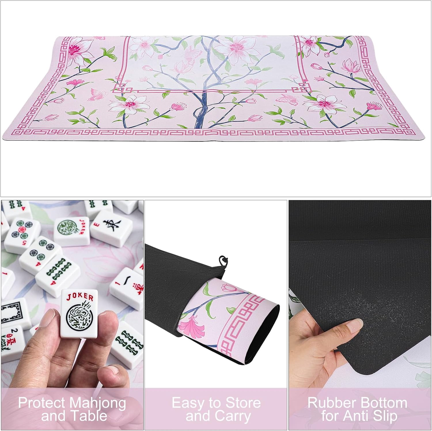 Pink Printed Mahjong Mat (31.5”x31.5”) with Black Carrying Bag, Anti-Slip, Noise-Reducing, Mahjong Table Mat for Mah-jongg,Poker, Board Games, Dominoes, and Card