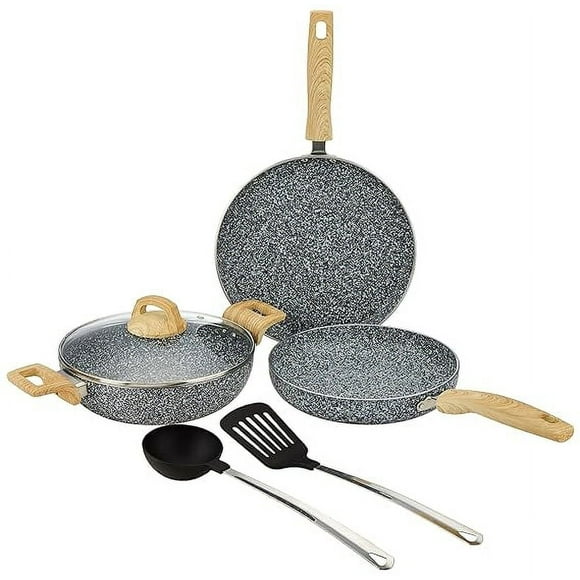 5-Piece Non-Stick Cookware Set, Granite Finish, Induction Base (1 Tawa - 28 cm, 1 Fry Pan - 24 cm, 1 Kadai - 24 cm, 1 Glass Lid and 2 Nylon Spatulas; Granito Grey)