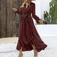 thumbnail image 4 of qolati Women Fall Dresses 2024 Long Sleeve V Neck Swissdots Flowy Boho Maxi Dress Elegant High Waisted A-Line Ruffle Slit Party Wedding Dress, 4 of 7