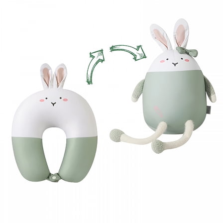 LAMIRO Kids Travel Pillow - 2-In-1 Deformable Kids Neck Pillow for Traveling, Soft U-Shaped Pillow with Adorable Animal Design, Comfy Sleep and Play, Ideal for Airplanes Travel - Green Rabbit
