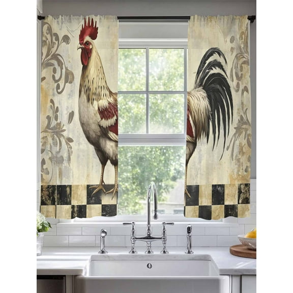 Vintage Rooster Sheer Curtains for Living Room Bedroom Retro Plaid Animals Watercolor Sheer Curtains 63 Inch Long 2 Panels Set Light Filtering Curtain Window Treatments Drapes for Dining Room