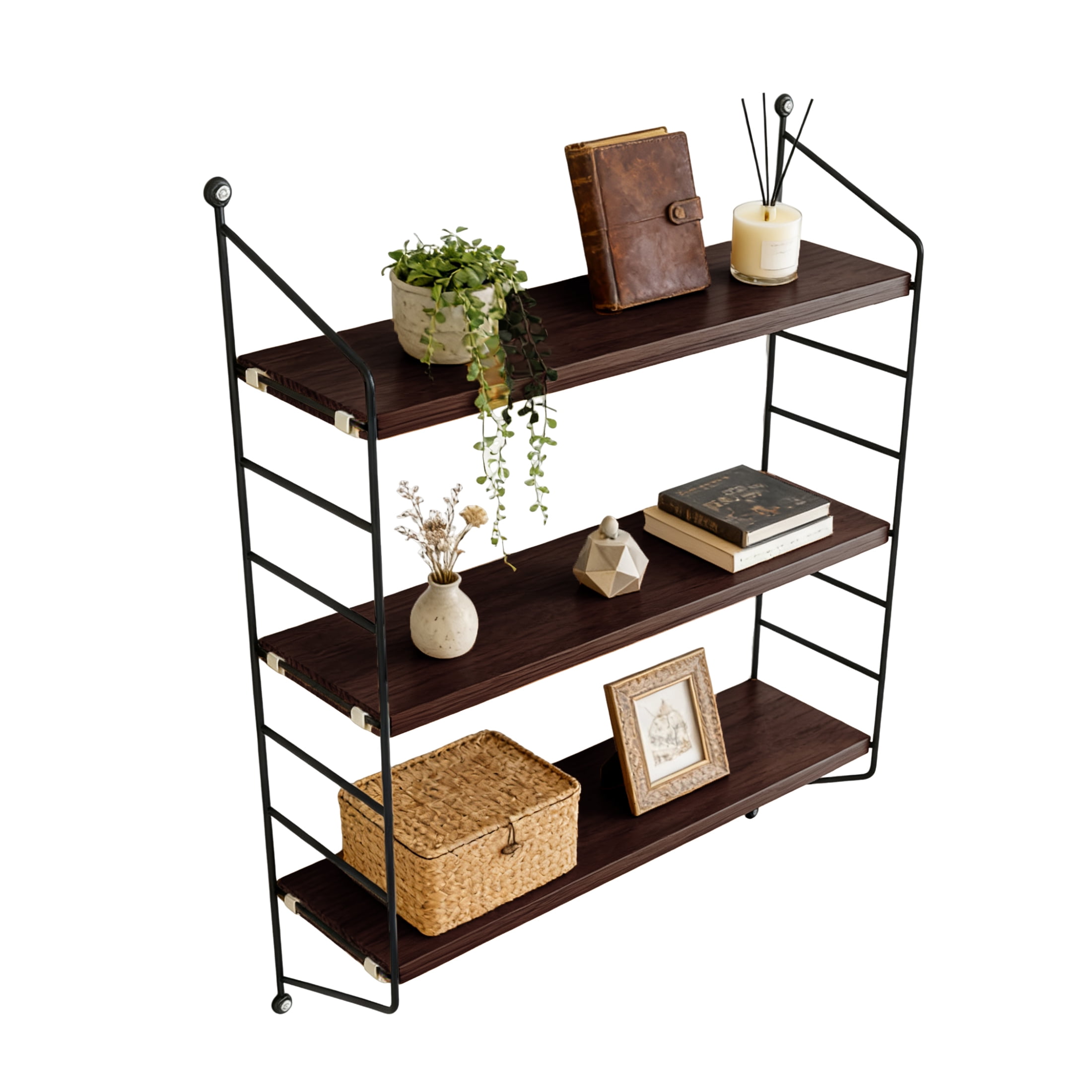 GARITIN Floating Shelves for Wall, 3-Tier Wall Shelves with Adjustable Shelf, Wood Storage Shelf for Books, Room Decor, Hanging Shelf for Living Room, Bedroom