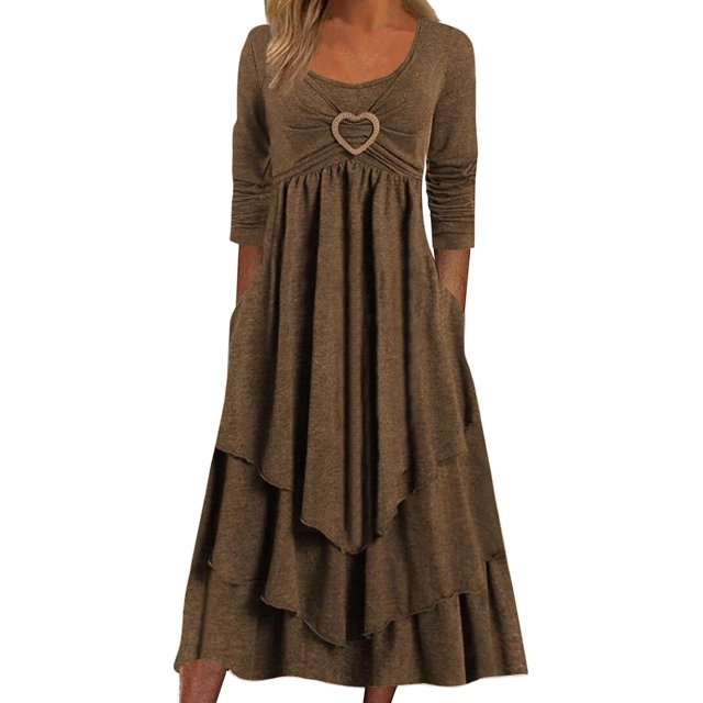 Robes de Printemps pour Femmes Décontractées Manches 3/4 Longue Robe Évasée Basique Plage Vacances Travail Maxi Robe 2025