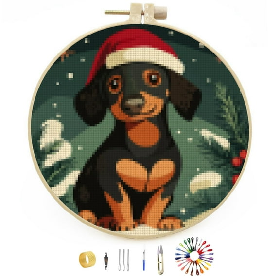 Merry Christmas Shorthair Dachshund Dog DIY Stamped Cross Stitch Kits Easy for Beginners with Hoop 11CT Counted Embroidery Needlepoint Crafts Arts for Handmade Enthusiasts and Home Decor 30x30cm(4)