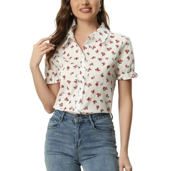 INSPIRE CHIC Women's Frilled Tops Bubble Sleeves Peter Pan Collar Floral Print Cotton Blouses XL Red Floral