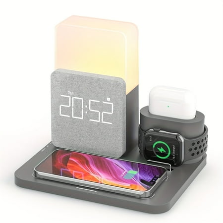 15W 3-in1 Wireless Charger Compatible iPhone 16/15/14/13/15, Apple Watch, AirPods – Fast Charging Dock w/Alarm Clock & Night Light Grey