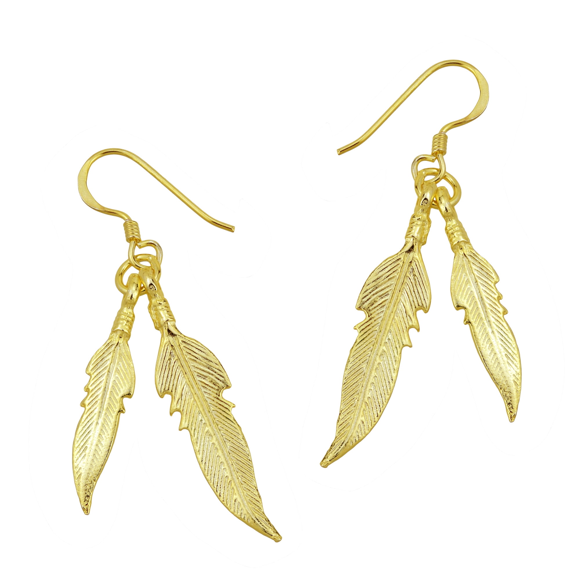 Amazing Double Feather Gold-Plated Sterling Silver Dangle Earrings