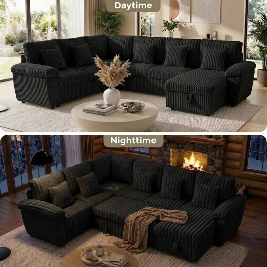Howcool Modular Sectional Sleeper Sofa, U‑Shaped 7‑Seat Convertible Cloud Couch with Pull‑Out Bed Storage Chaise,USB Charging Ports & Corner Coffee Table Plush Corduroy Couch for Living Room,Black