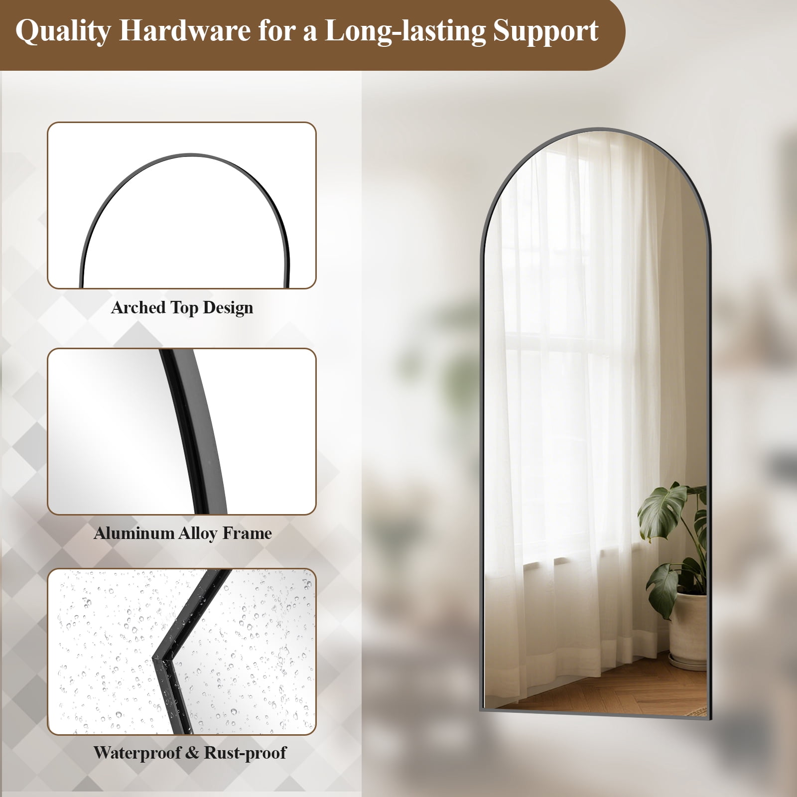 AUROMIR 56"x21" Arched Full Length Mirror Floor Mirror Full Body Standing Mirror, Black