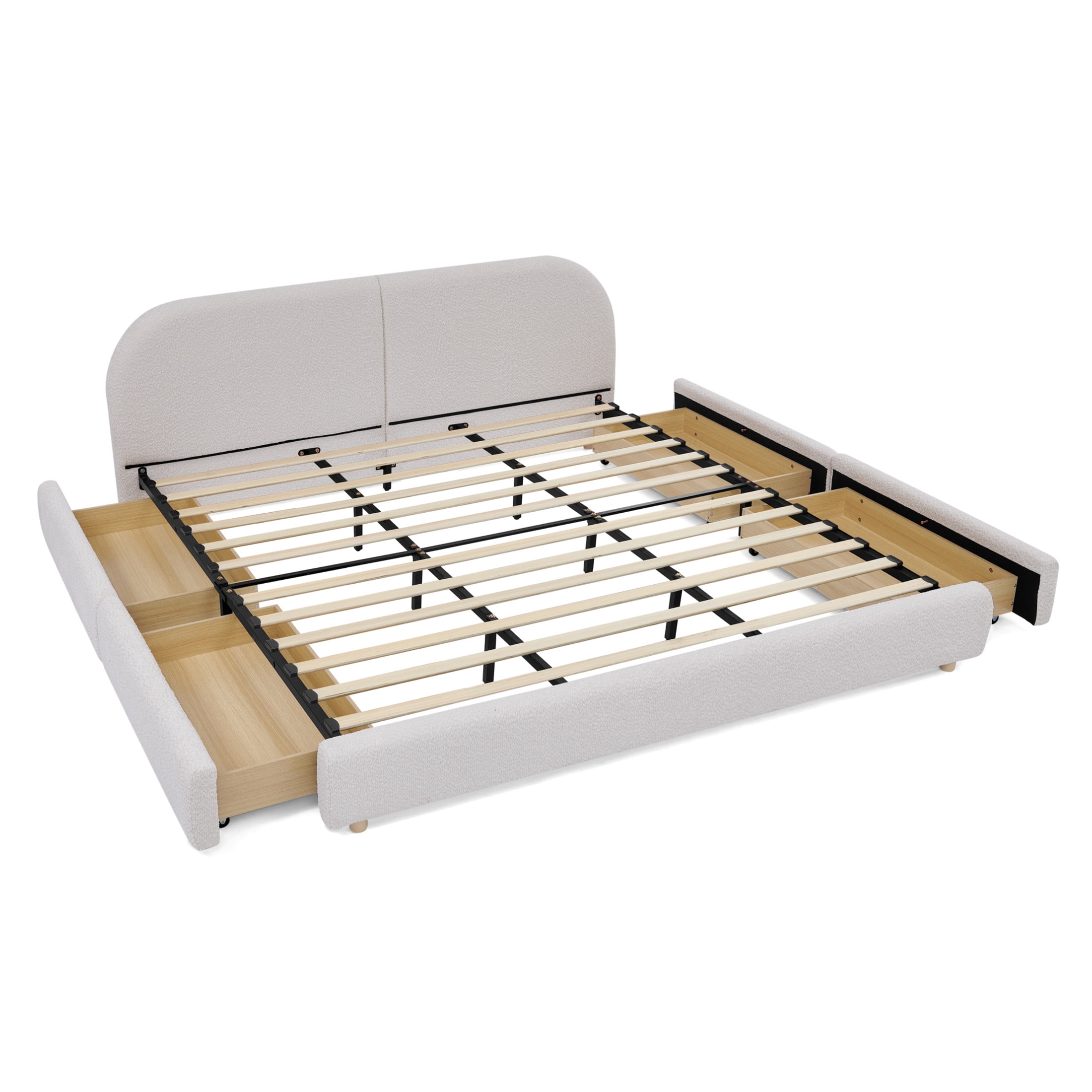 Noble House Elbert King Size Upholstered Bed Frame, Circle Yarn Tall Curved Headboard with Storage Drawers, Beige