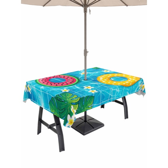 Outdoor Tablecloth with Umbrella Hole for Patio/Picnic/Party/Camping, Summer Swimming Pool Waterproof Table Cloth Rectangle Table Cover Washable, Floral Plumeria Leaves Blue Plaid (60"x 102")
