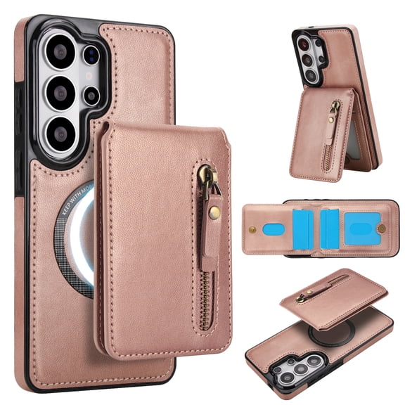 Magnetic Detachable Wallet Case For Samsung Galaxy S23 Ultra, 2-in-1 Premium PU Leather Cover with Zipper Pocket Back Flip Card Holder Stand,Compatible with MagSafe Wireless Charging,Rosegold