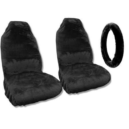 Synthetic Sheepskin Seat Covers Pair Steering Wheel Cover Black