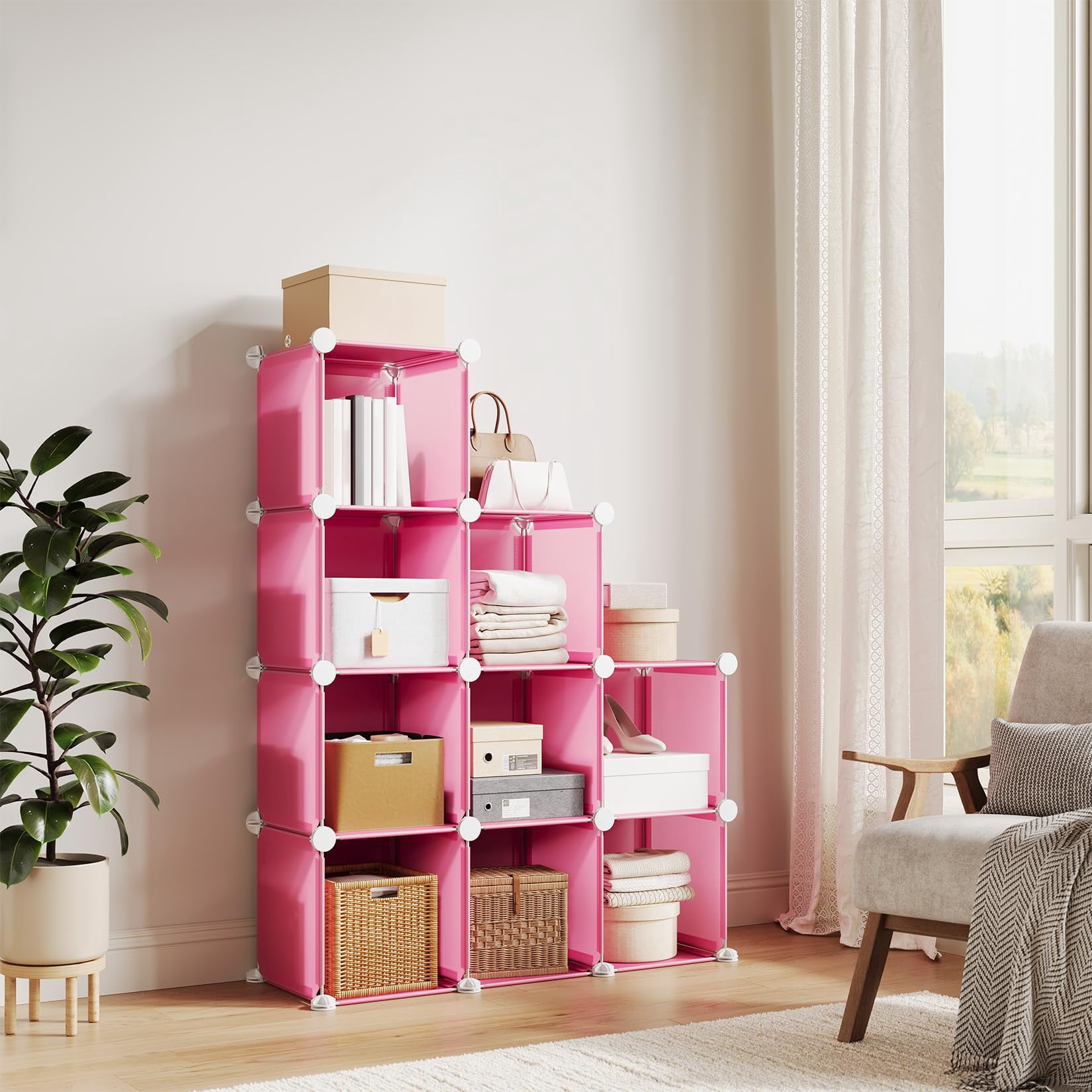 9 Cube Storage Organizer, DIY Modular Bookshelf & Closet Organizer, Plastic Stackable Shelving Cubes with Feet & Rubber Mallet