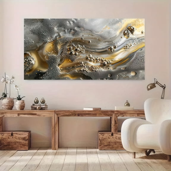Elegant Abstract Gold and Silver Framed Canvas Wall Art 48x24 Inches for Modern Living Room Decor