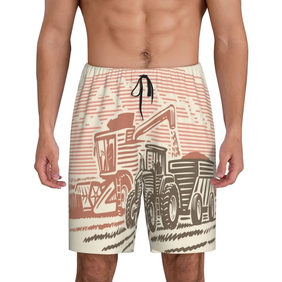 Vsdgher Combine harvester working with tractor Print Men's Pajama Shorts Lounge Bottoms Sleep Shorts Elastic Waist Lightweight PJ Shorts with Pockets-Small