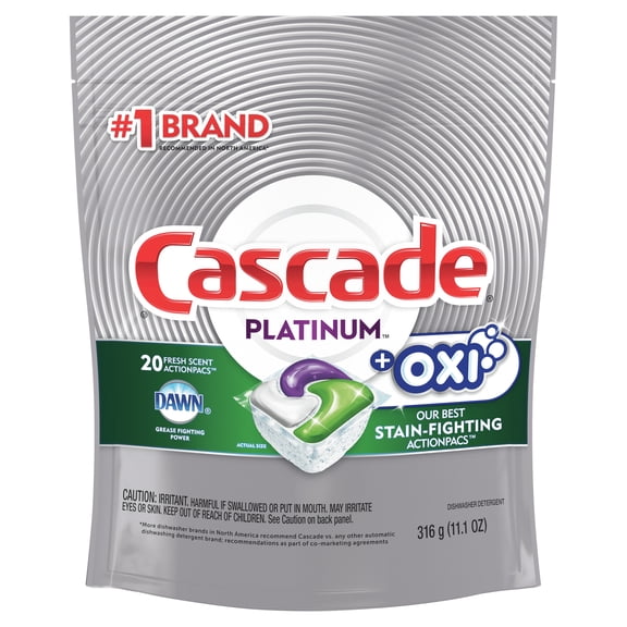 Cascade Platinum Oxi Dishwasher Pods, ActionPacs Dishwasher Detergent Tabs, Fresh Scent, 20 Count