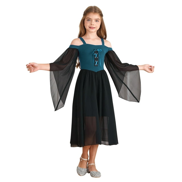 YiZYiF Robe Princesse Gothique Médiévale pour Filles Enfants Robe Corset Médiévale Renaissance Victorienne Robe de Bal Costume d'Halloween Bleu Foncé 14