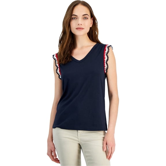 Nautica Womens Crochet-Trim Tank Top, Blue, LARGE