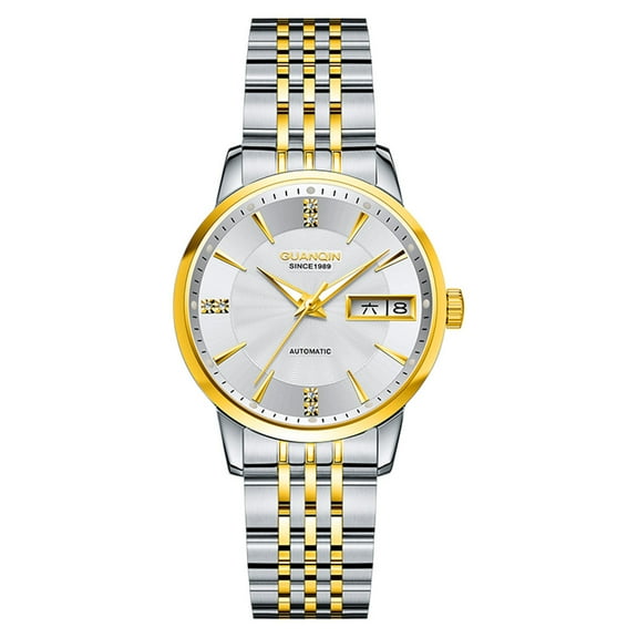 GUANQIN Men Women Couple Calendar Week Rhinestone Vintage Japanese Automatic Self-Winding Mechanical Wrist Watch Steel Sapphire Crystal Waterproof Luminous Business Clock