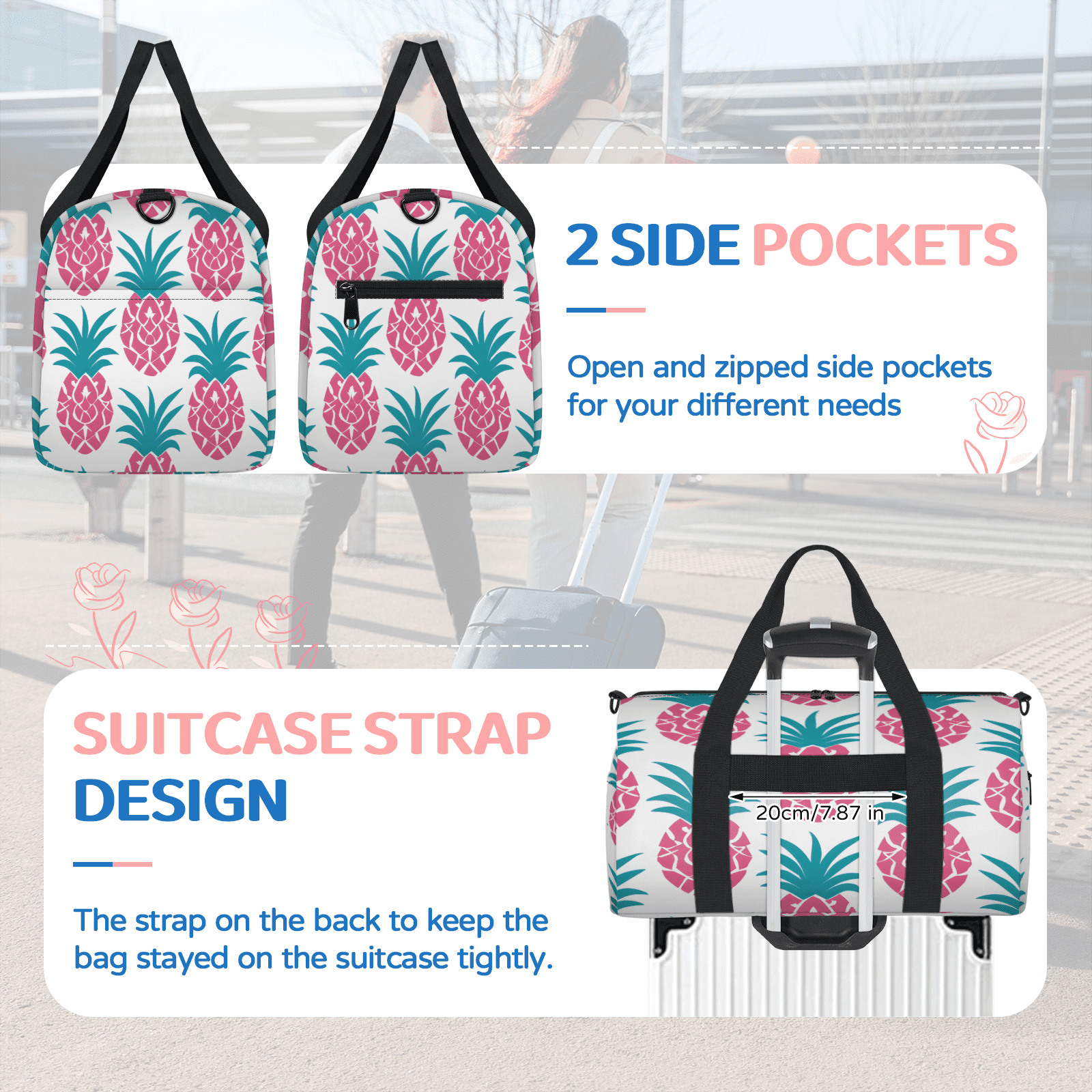 Herdesigns Pineapple Travel Duffle Bag Sports Yoga Weekender Overnight Carry on Workout Bags Lightweight Waterproof Gym Tote Bag for Women
