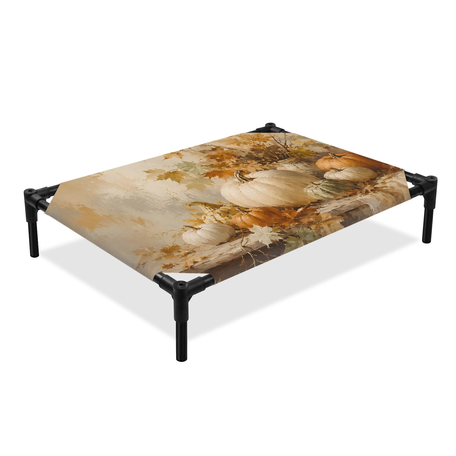 Thanksgiving Fall Elevated Dog Bed Rustic White Orange Pumpkin Leaf Ceramic Pot Cooling Breathable Outdoor Raised Dog Cot Bed with Metal Frame Non-Slip Feet for Medium Dog 24x20in