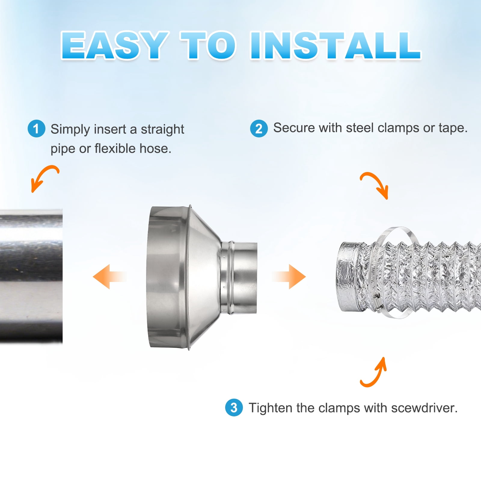 Uxcell Duct Reducer (8" to 4") - 304 Stainless Steel Air Ducting Reducer Increaser Metal HAVC Duct Adapter Stove Pipe Fitting Connector for Exhaust Fan/Blower/AC/Ventilation Systems