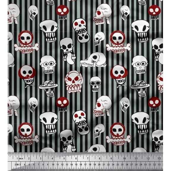 Soimoi Crepe Silk Fabric Stripe & Horror Skull Halloween Printed Craft Fabric by The Yard 42 Inch Wide