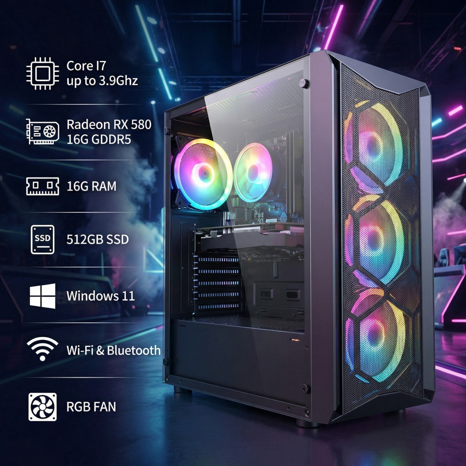 STGAubron Gaming PC Desktop, RX 580 16G, Intel Core i7 up to 3.9G, 16G Ram, 512G SSD, Wifi 6, BT 5.0, RGB Fan x4, Win 11 Home