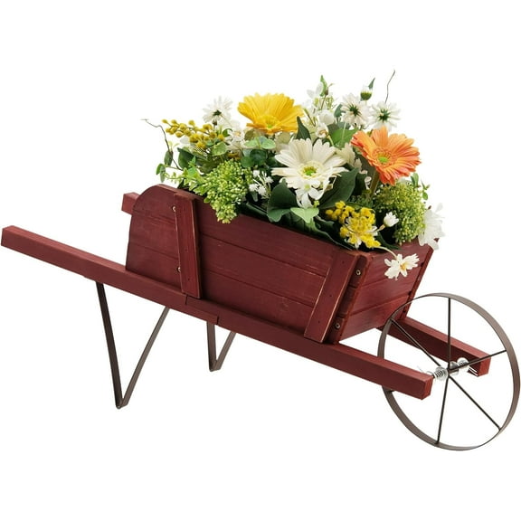Wood Wheelbarrow Planter, Flower  Pot Wheelbarrow Cart w/Metal Wheel & 9 Replaceable Magnet Accessories, Wooden Wagon Planter Wheelbarrow Decor for Outdoor Garden Backyard (Red)