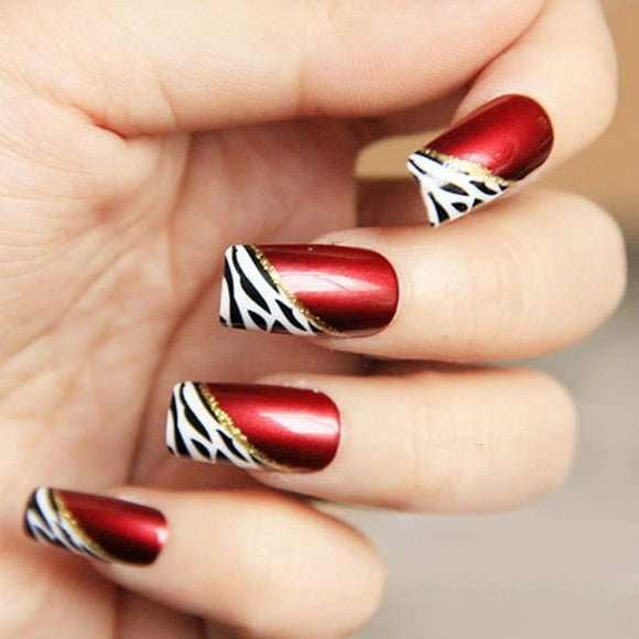 YUNAI 24 uñas postizas de completa de longitud media, elipse francesa, vino tinto, uñas postizas oblicuas de leopardo