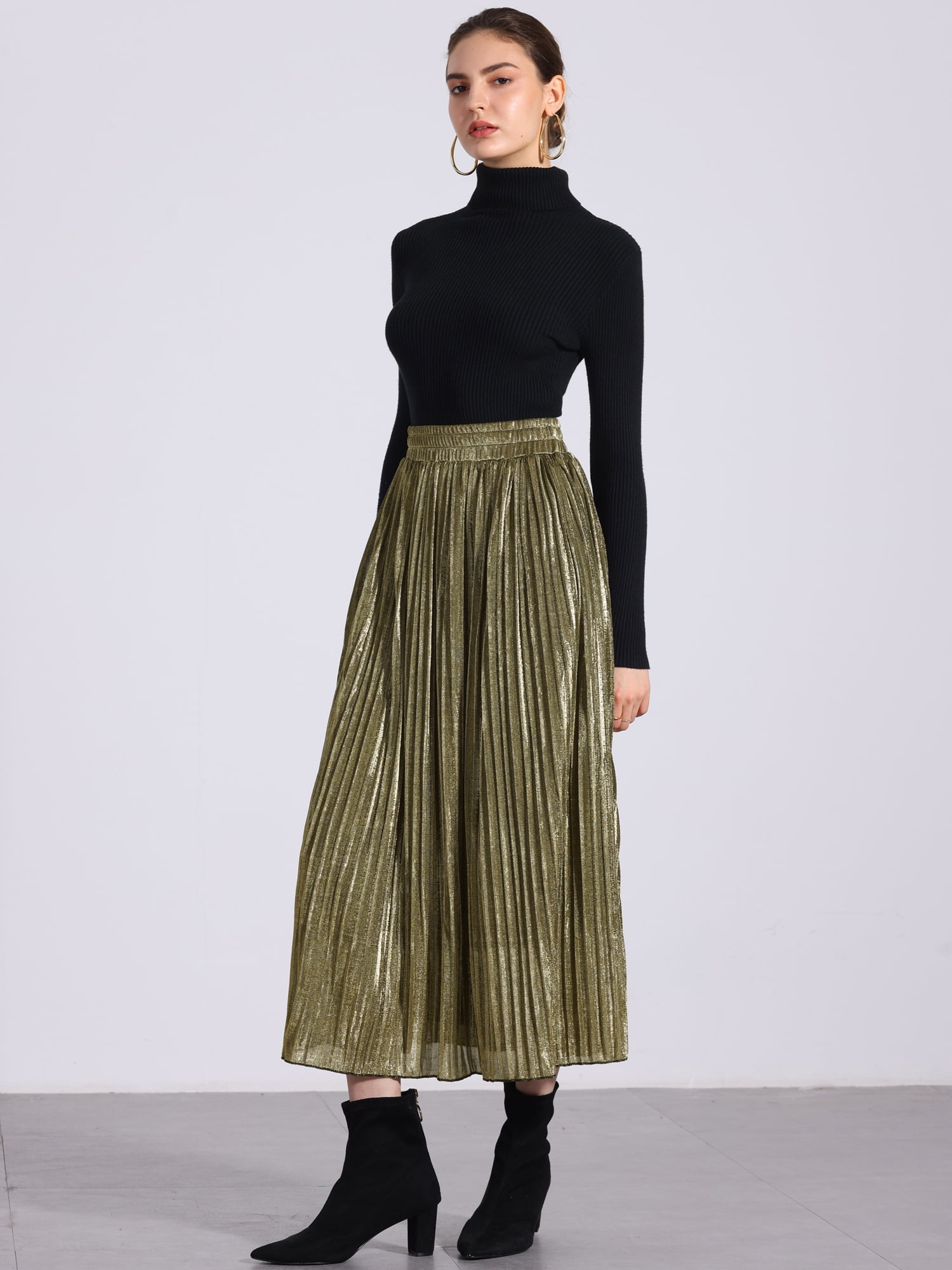 Unique Bargains Women Metallic Glitter High Waist Flared Plaeted Midi Skirt S Gold