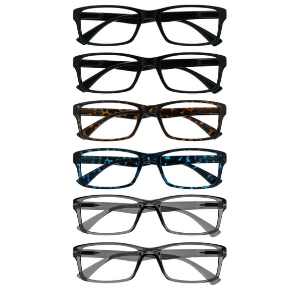 OPULIZE PEP Reading Glasses 6 Pack - Classic Everyday Rectangular Frame - Spring Hinges Scratch Resistant - Black Brown Blue Gray - Mens Womens - RRRRRR92-112377 -  2.50