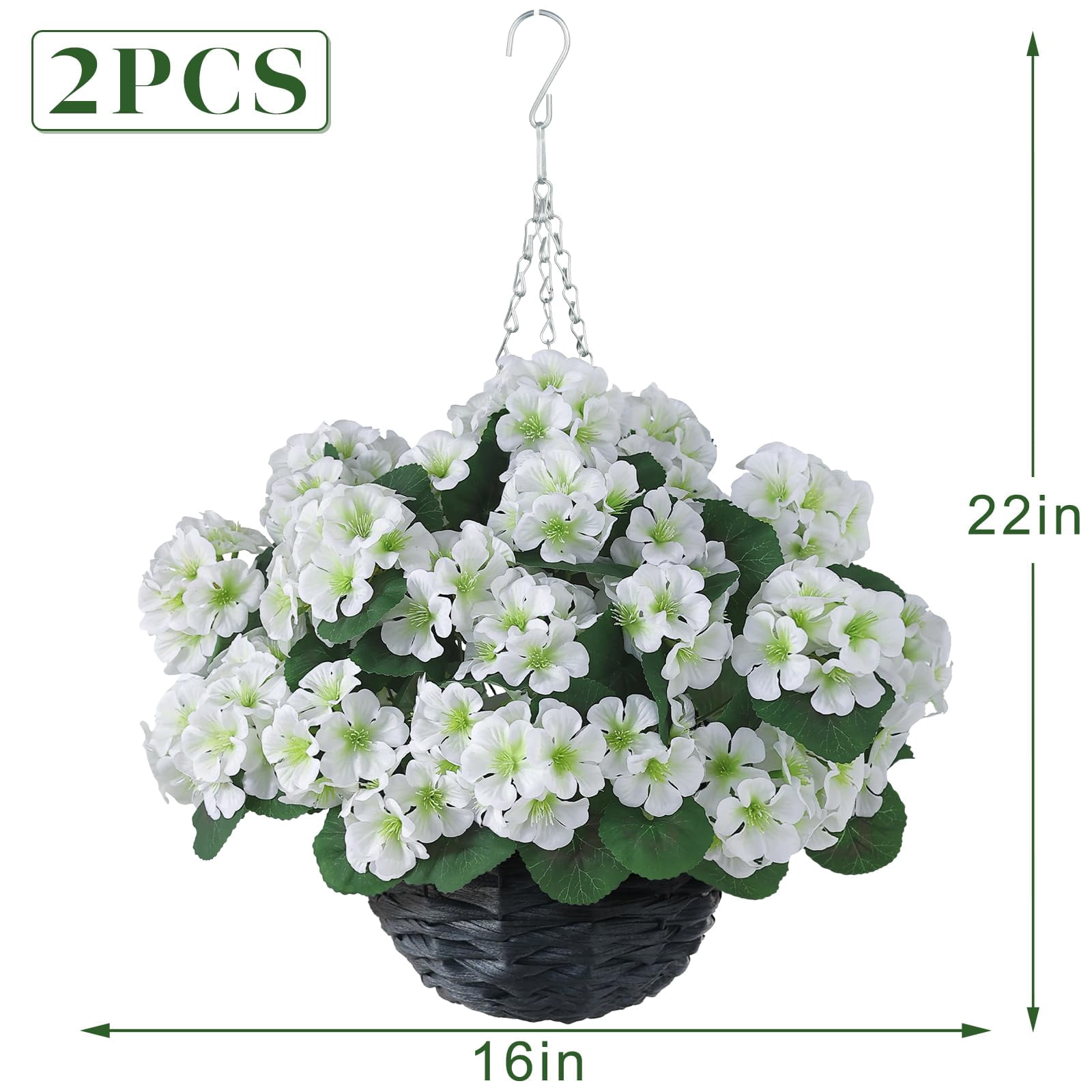 2 Set Artificial Geraniums Flowers with Hanging Baskets for Outdoors - Sun Resistant Silk with Geranium Flowers, Fake Hanging Planters for Front Porch Garden Patio Home Decor (Red)