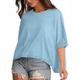 thumbnail image 4 of Jewelreauty Summer Womens Oversized Crewneck Shirts Batwing Short Sleeve Loose Tops Casual Solid Pullover Tee (XL, Blue), 4 of 9